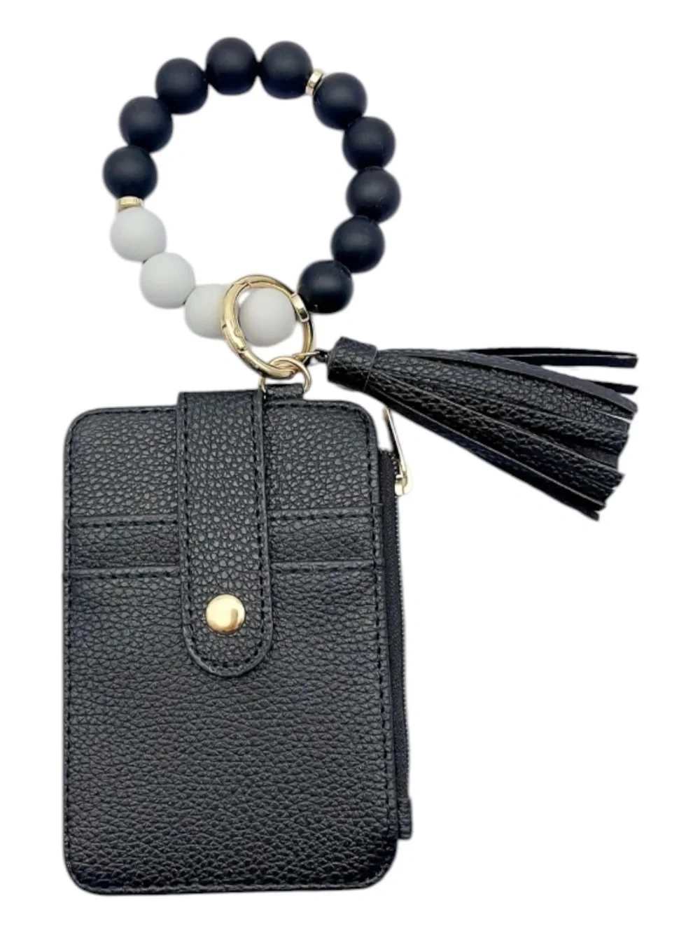 Black Wristlet Card Holder Keychain with Matte Black & White Bead Bracelet